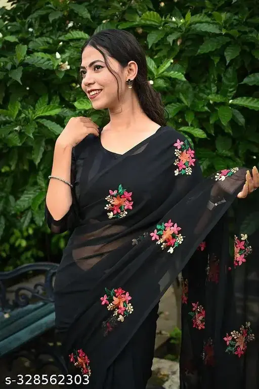 Party Wear Pure Georgette Multi Embroidery Work Saree With Un-stitched Blouse