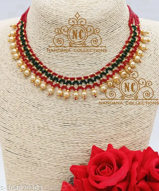 Elegant Gold Finish Premium Quality CRYSTAL Ruby & Green Beeds with Pearls Hanging Designer Necklace