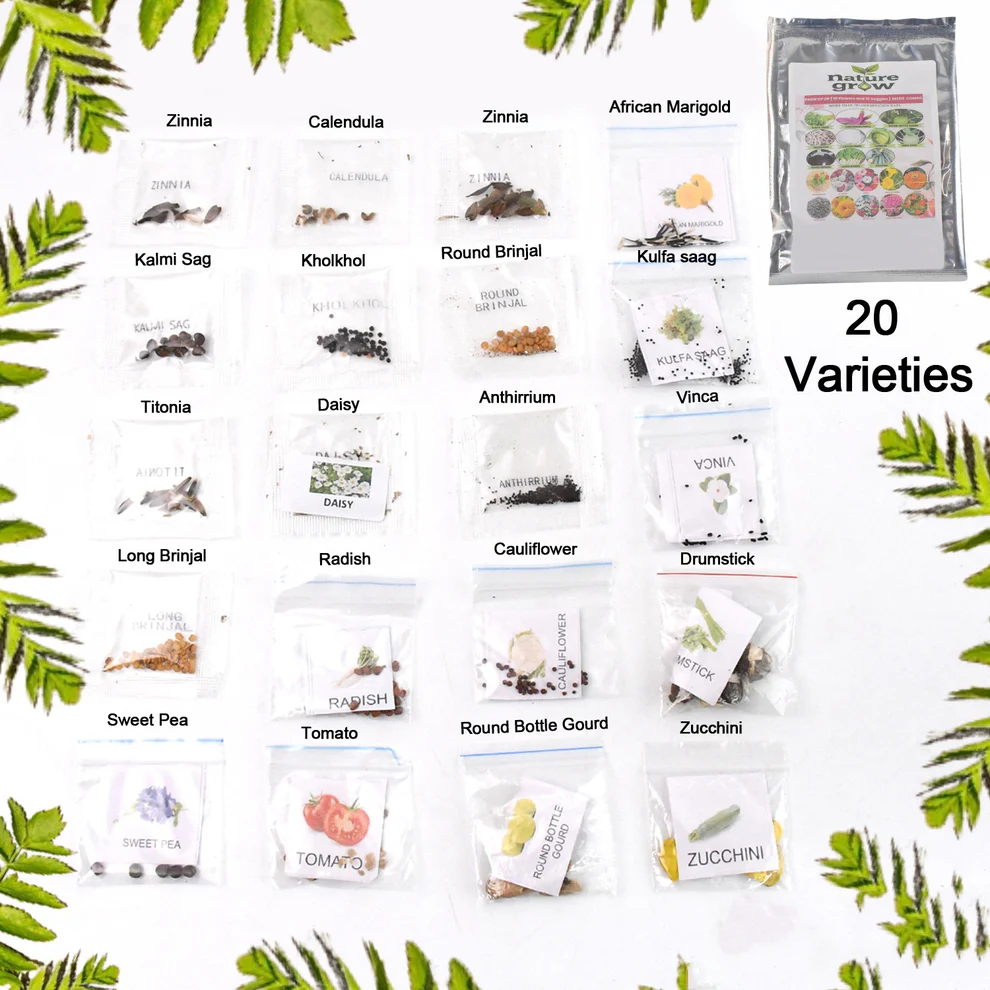 20 Varieties of Vegetable & Flower Seeds Combo (1 Pkt. / 20 Varieties)