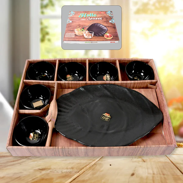  Sweet Round Ceramic Snacks Bowl With Plastic Leaf shape Serving platter Portable (7 Pcs Set)