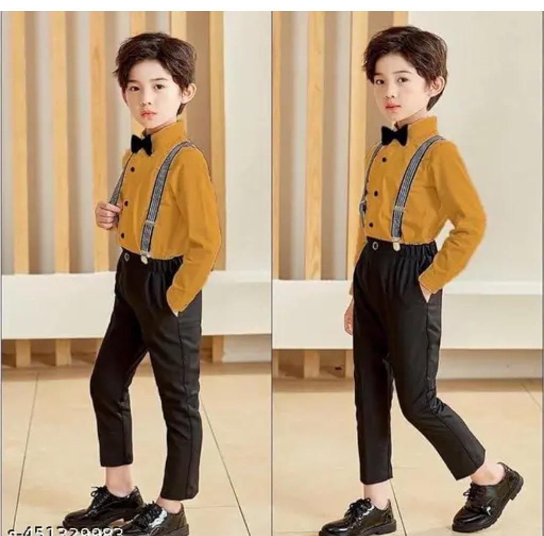 Exclusive Boys shirt, pant, suspenders and Bow tie with best stitching quality of Suspender Dungaree Set