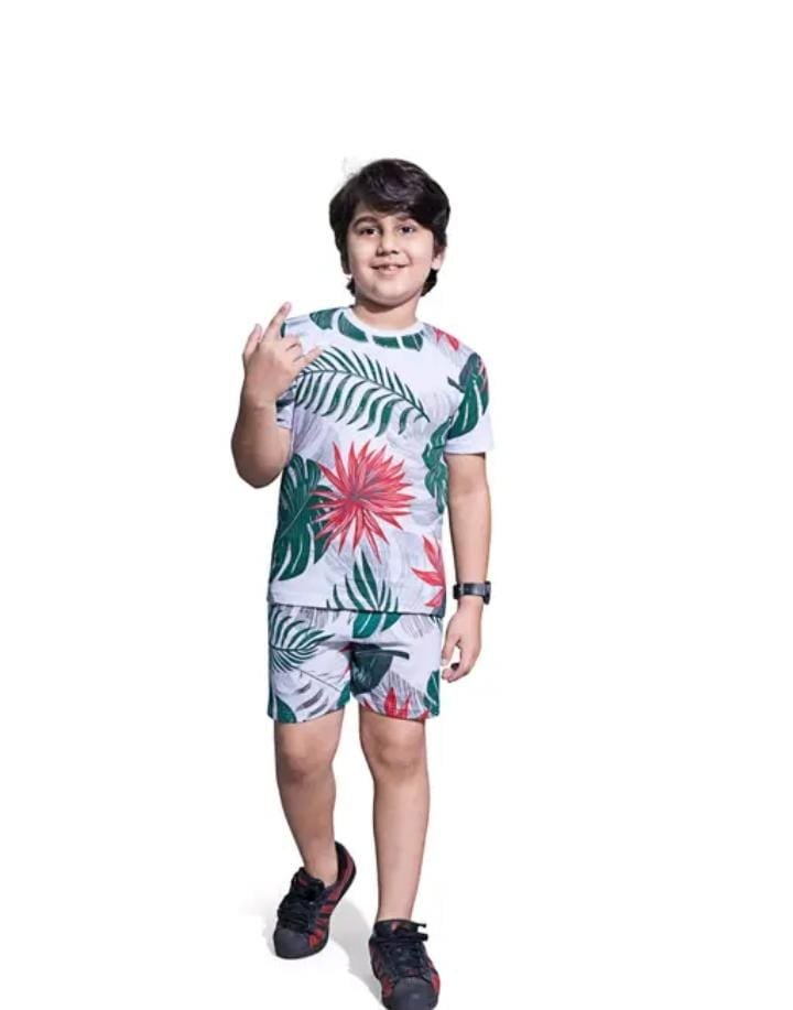 PEPP N HAGG 100% COTTON BOYS WHITE ALL OVER FLOWER PRINT SET |STYLISH|TRENDY|GOOD QUALITY | GREEN