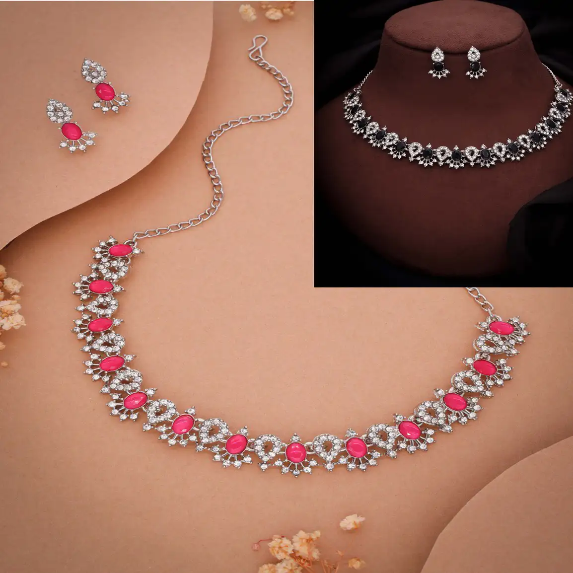 Brass Jewel Set (Black, Pink)