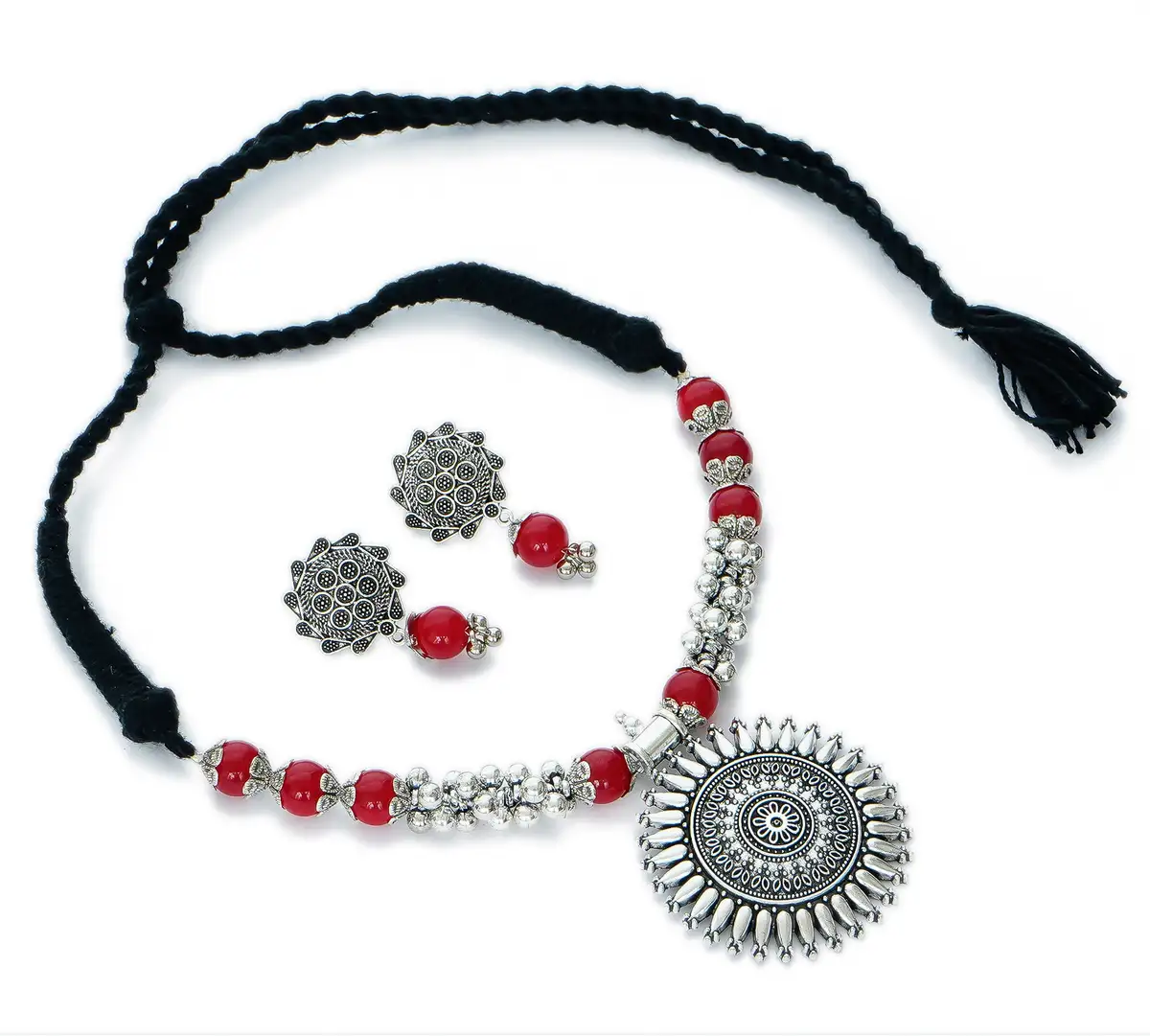 Oxidised Silver Jewel Set (Red)
