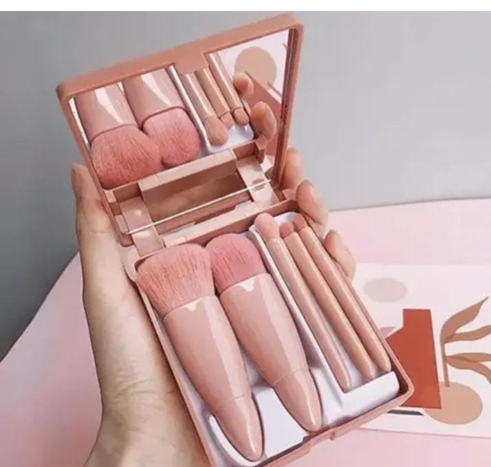 Portable 5Pcs Travel Makeup Brush Set with Makeup Mirror in Brush Case - Lip Brush Blending Powder Brush Eyeshadow Brush - pink
