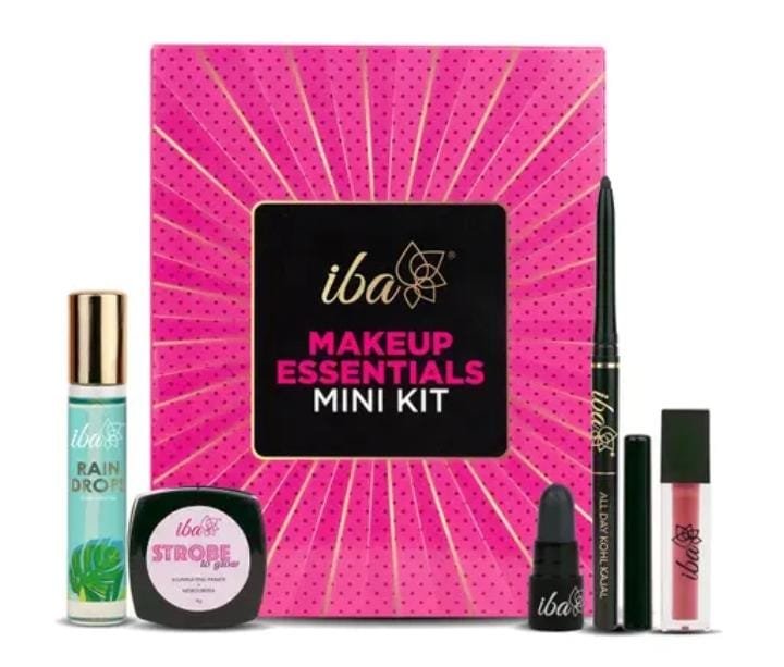 Iba Mini Makeup Essentials Kit for Women | 5 in 1 Makeup Kit | Contains: Perfume, All Day Kohl Kajal, Liquid Matte Mini Lipstick, Strobe to Glow Illuminating Primer + Moisturizer & PH Lipstick| All-In-One Makeup Kit | Long Lasting Makeup Kit Combo