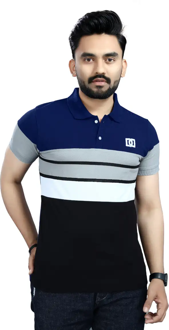 Lonaxa Striped Men Polo Neck Reversible Navy Blue T-Shirt