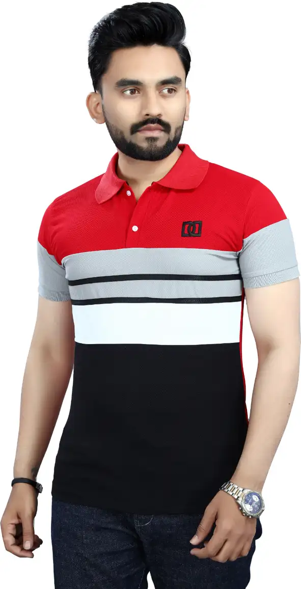 Lonaxa Striped Men Polo Neck Reversible Multicolor, Red T-Shirt