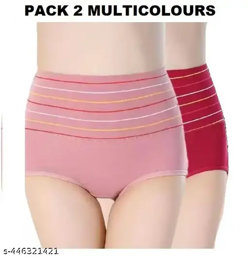 PACK 2 TUMMY MULTICOLOURS - Women's Cotton High Waist Tummy Control/Tummy Tucker Panties Brief Full Coverage Shapewear Underwear