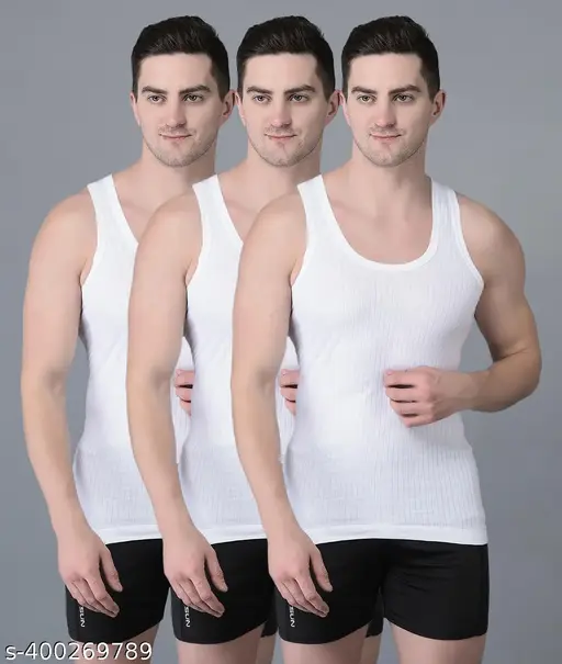 Dollar Men's Solid Round White Innerwear Vests Pack of 3