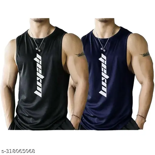 Fastcolor Men's Printed Black Innerwear Vests Pack 2