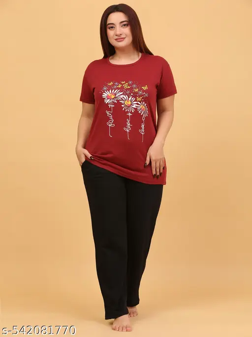 WOMENS HALF PRINTED PRINTED TOP & BOTTOM SET