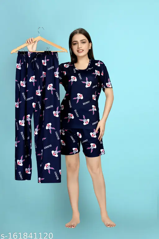 Women Printed Night Suit Set - Women Nightwear -Women 3 Piece Combo- Nightdress Set For Women And Girl -Women T-Shirt, Shorts & Pyjama Set Night suit
