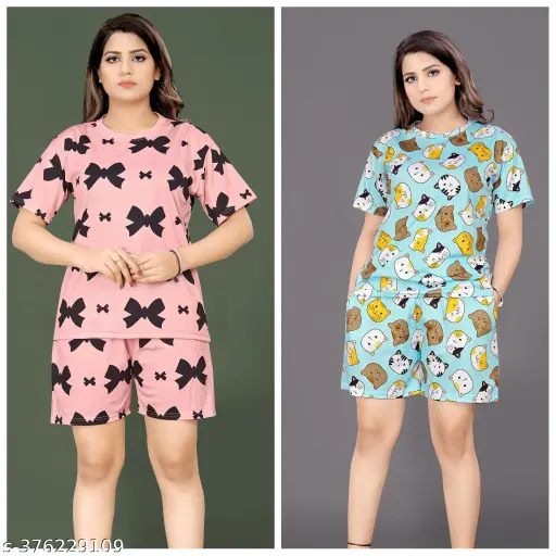 Women Printed Co-Ords Set Night Suit And Night Dress (Pack-Of-2).