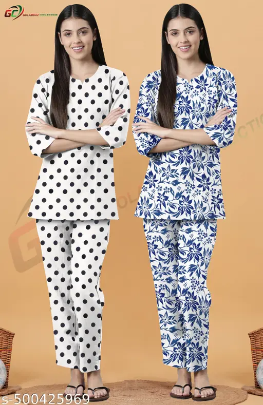 Cotton fabric night wear set Combo White dot + Brown