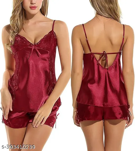 ELEVANTO Women's Satin Solid Above knee Nightdress (SL-RED)