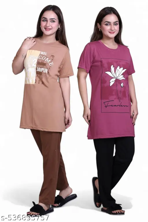Women's Cotton Nightwear Set | Round Neck Printed Half Sleeve Top & Bottom | Casual Summer Wear Half sleeve Long Night suit for Women