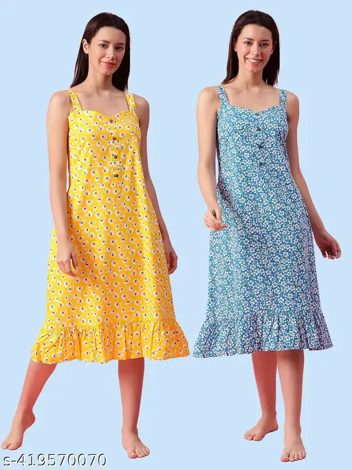 Women Yellow & Blue Frilled Printed Cotton Short Nighty/Nightdress Combo S/M/L/XL/2XL