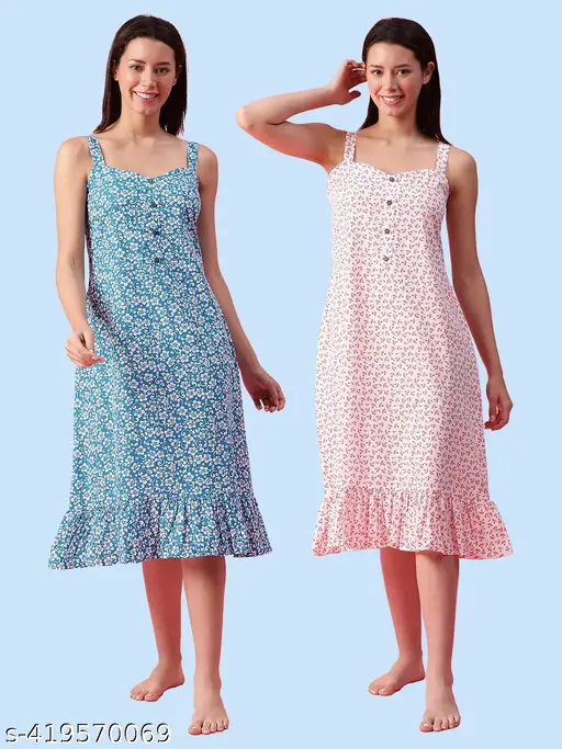 Women Blue & Off-White Frilled Printed Cotton Short Nighty/Nightdress Combo S/M/L/XL/2XL