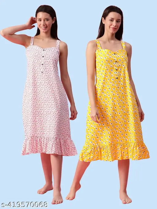 Women Off-White & Yellow Frilled Printed Cotton Short Nighty/Nightdress/Maxi/Nightwear/Nightgown Combo S/M/L/XL/2XL