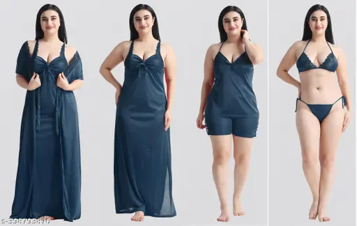 Women's nighties 6 pic nighty with Robe nicker-top Bikini soft/Comfortable all night Sleepwear full Satin Women Nightdress set