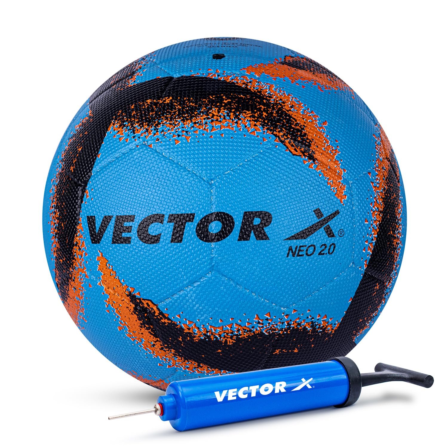 Vector X Neo 2.0 Synthetic Rubber Moulded Indoor/Outdoor Football + Pump with Butyl Bladder, Sky-Black, Size 5, Suitable for Match and Training for Adults 15+ Years
