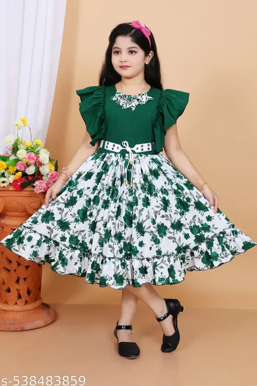 Elegent floral kid's party dress-purple and white with ruffle sleeves