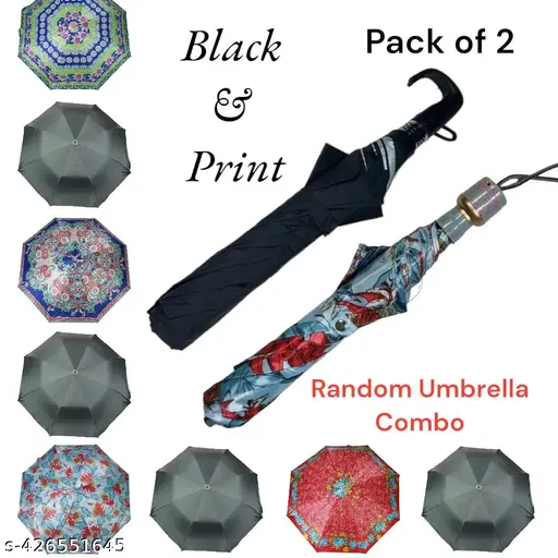 Design printed & classic black 2 fold umbrella combo for All Age Groups – Kids/Boys/Girls/Adults.