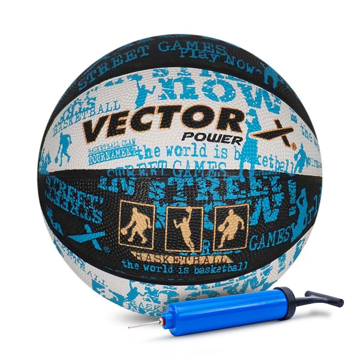 Vector X Power Rubber Moulded Indoor/Outdoor Basketball with Butyl Bladder, Black-White-Blue, Size: 7 (Suitable for Practice/Match/Training) + Free Air Needle
