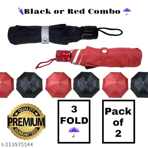Black & Red 3-Fold Umbrella Set – Stylish, Durable, & Travel-Friendly (Pack of 2)