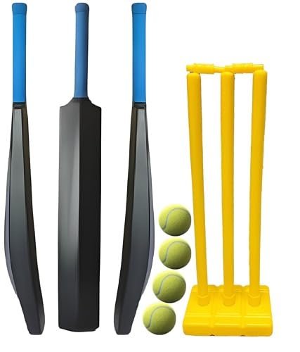 Cricket Bat and Wicket Set with 4 Tennis Balls, PVC Plastic Material