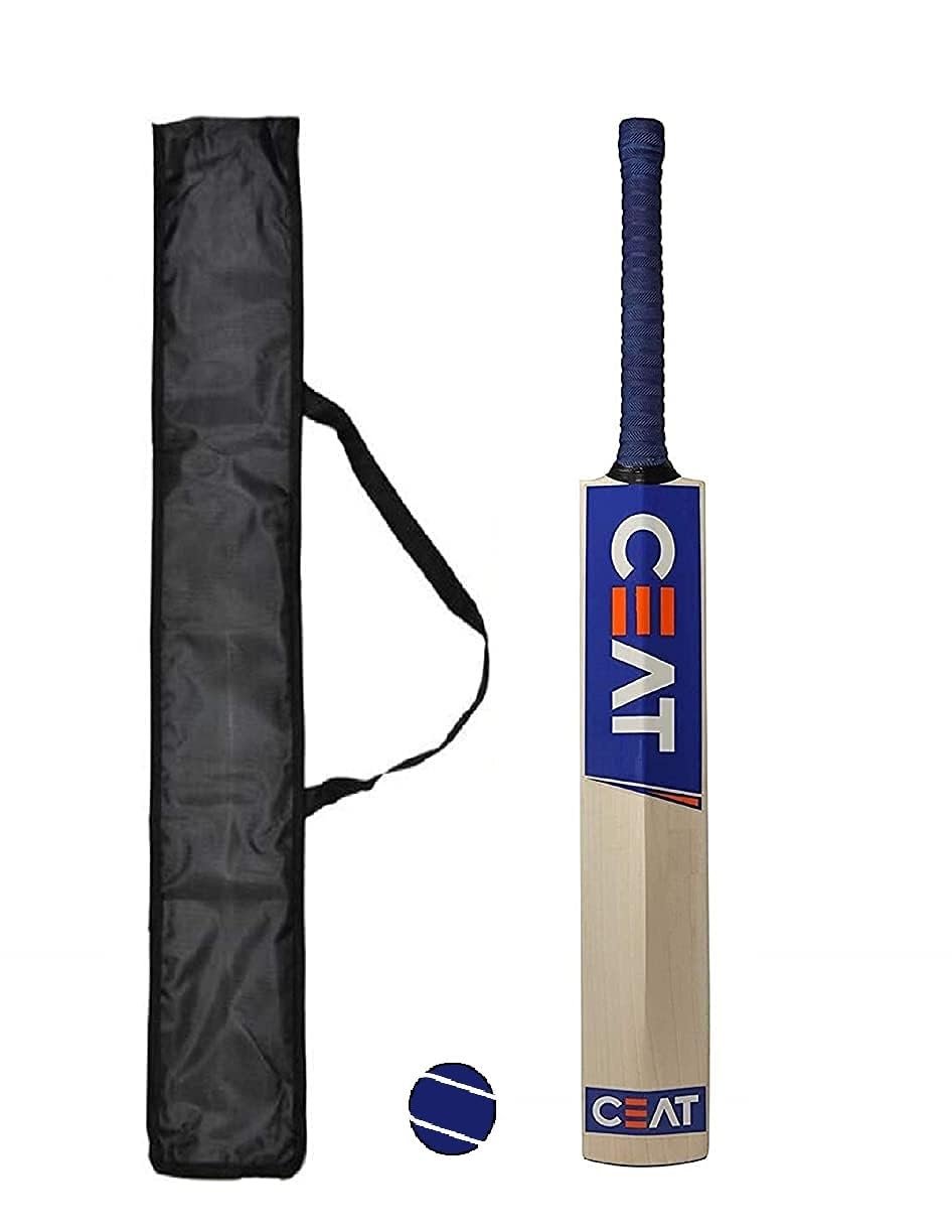 Ske Solid Popular Willow Cricket Bat for All Tennis Balls (Natural, Full Size), Wood, Multicolour (Cricket Bat with Tennis Ball and Cover)