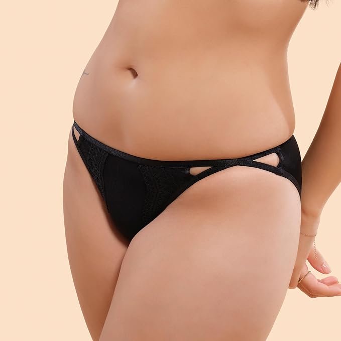 Enamor P040 Low Waist Medium Coverage Long Lasting Satin Fabric Bikini Panty for Women with Crisscross String and Embroidered Lace