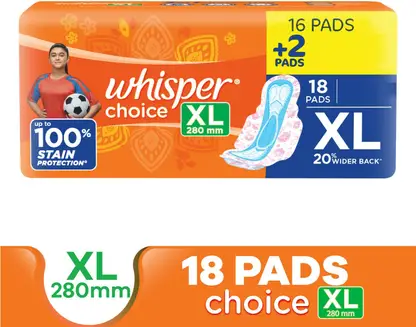 Whisper CHOICE XL, UPTO 100% STAIN PROTECTION ALL DAY Sanitary Pad 