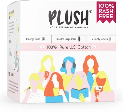 PLUSH 100% Pure U.S. Cotton Rash Free (8L + 6XL+ 2 Liners) Sanitary Pad