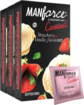 MANFORCE Cocktail Condoms with Dotted-Rings, Strawberry & Vanilla Flavoured- 10 Pieces x Pack of 3 Condom