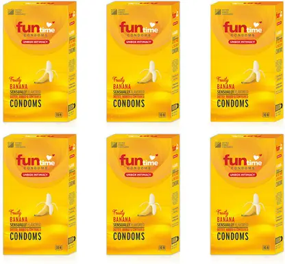 Funtime Dotted, Ribbed & Contoured Fruity Banana Flavored Condom | 10N Each Condom  