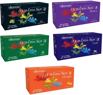 okamoto Skinless Skin - Strawberry 1350 Dots, Blueberry, Mint, Vanilla and Orange Dotted Condom  