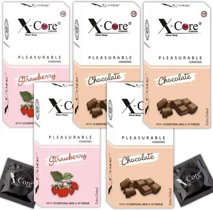 X-Core dotted condom 50 pcs flavored condom with 50 pcs. DISPOSAL POUCHES & 50 pcs. TISSUE PAPERS, Free of chemicals like paraben, Flavors-(chocolate, Strawberry), 5×10's box= 50 PCS. Condom 