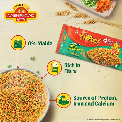 Sunfeast YiPPee! Power Up Atta Noodles Long, Non-Sticky, Instant Noodles 4 in 1 Pack Instant Noodles Vegetarian  